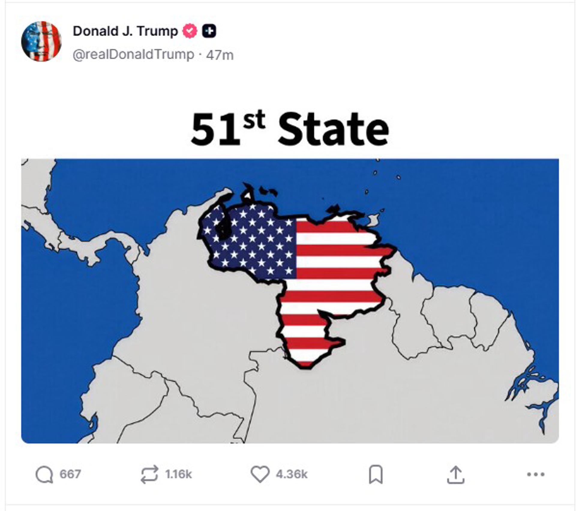 Trump comparte una imagen del mapa de Venezuela