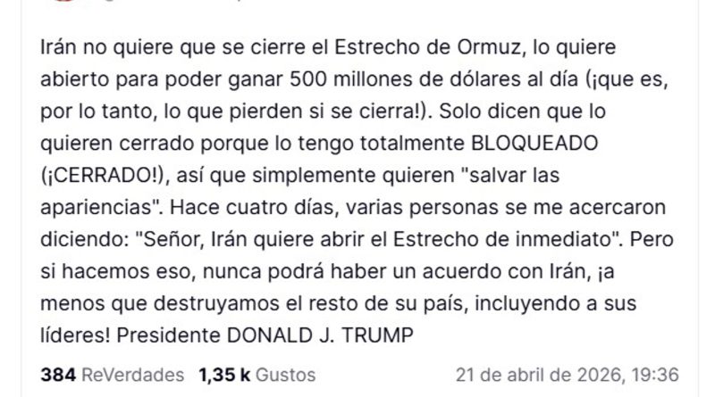 Trump dice que el bloqueo naval contra Irán es necesario para alcanzar un acuerdo